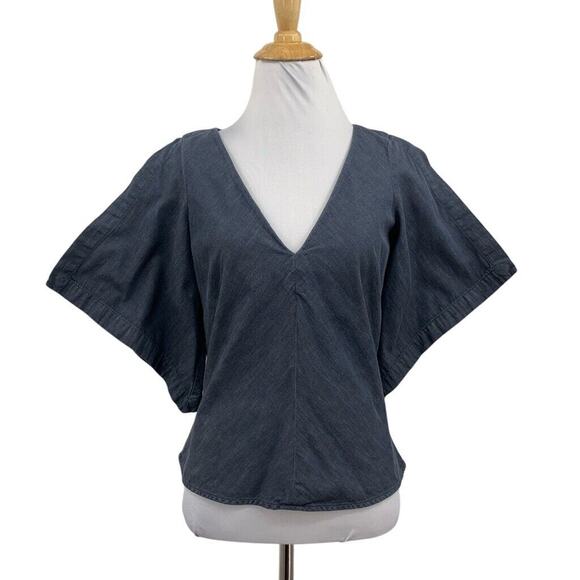 French Connection Top Womens 2 Blue Chambray Cotton Flare Sleeve V Neck Cropped - Picture 1 of 12